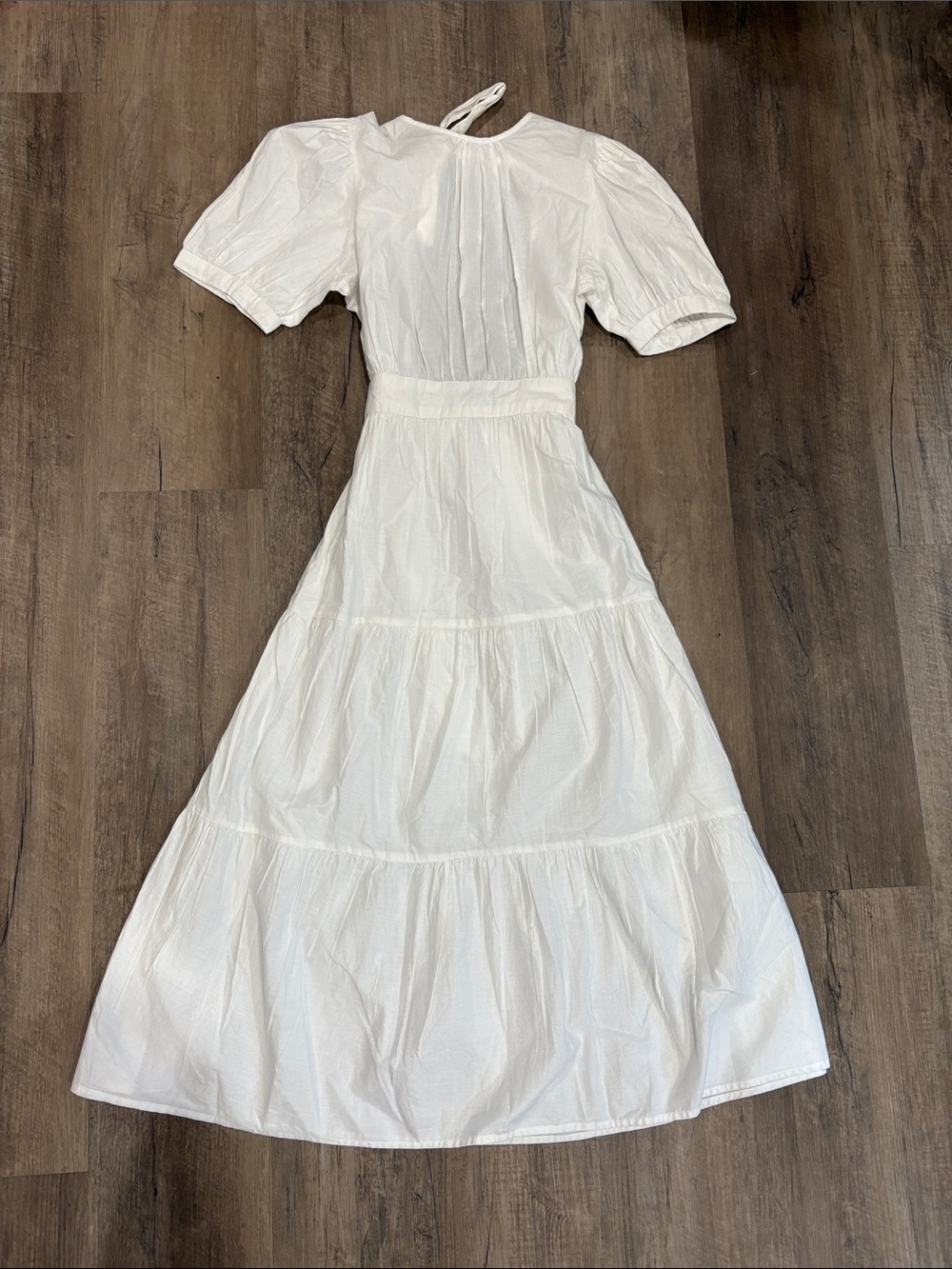 Cotton White Puff-Sleeve Tiered Maxi Dress with Open Back